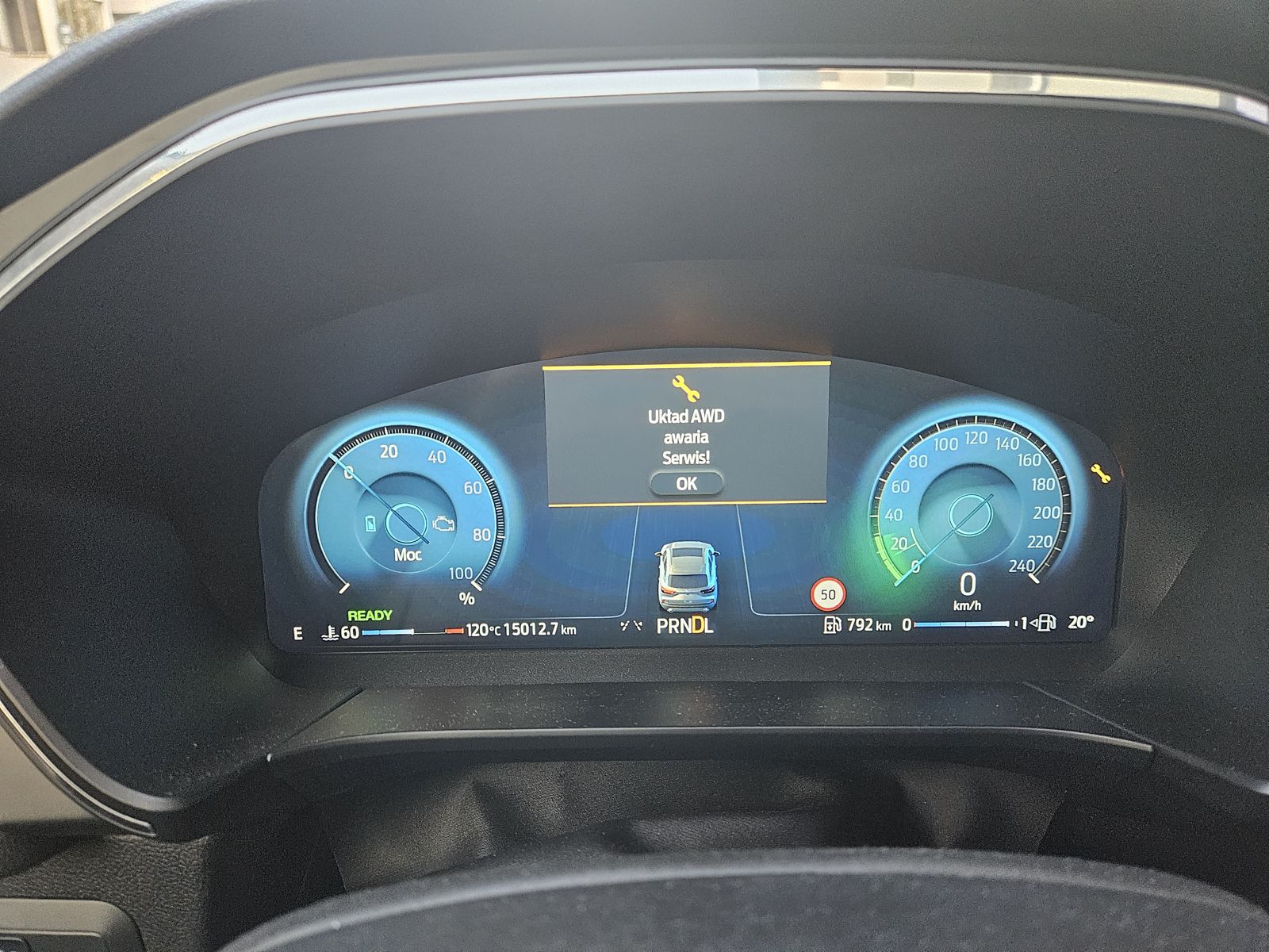 Zestaw wskaźników z komunikatem Układ AWD awaria Serwis, przebieg 15012,7 km