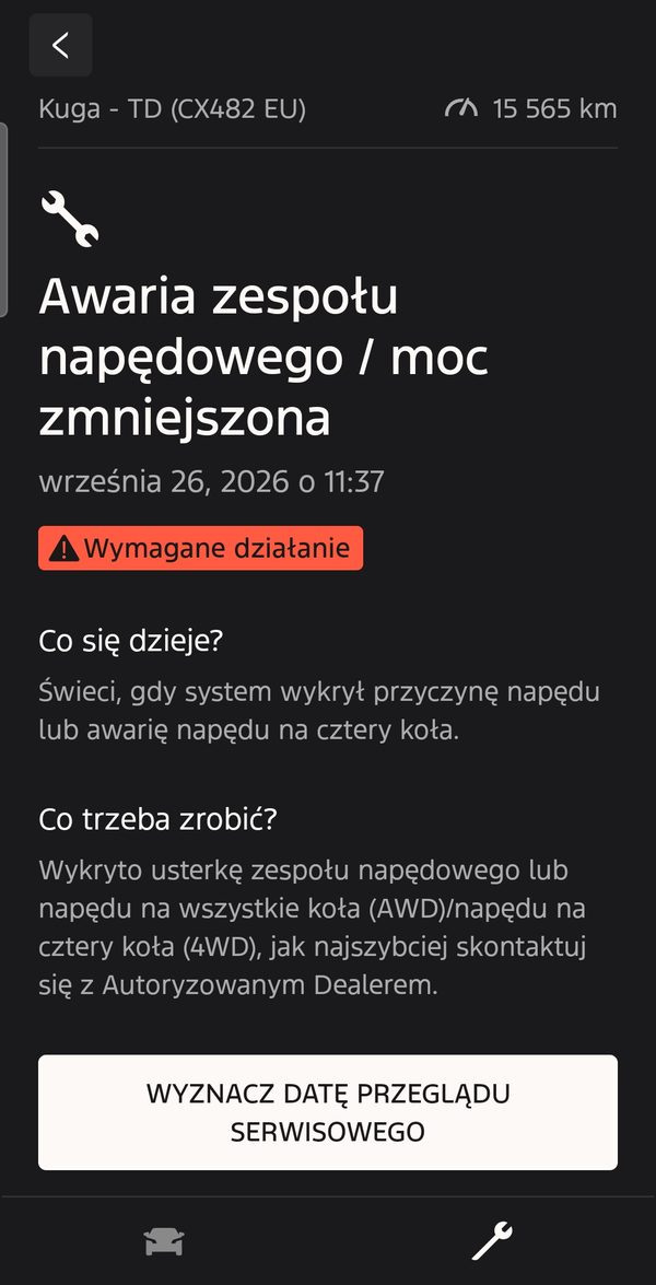 Powiadomienie w aplikacji: Awaria zespołu napędowego / moc zmniejszona, 26 września 2026, 11:37, przebieg 15 565 km