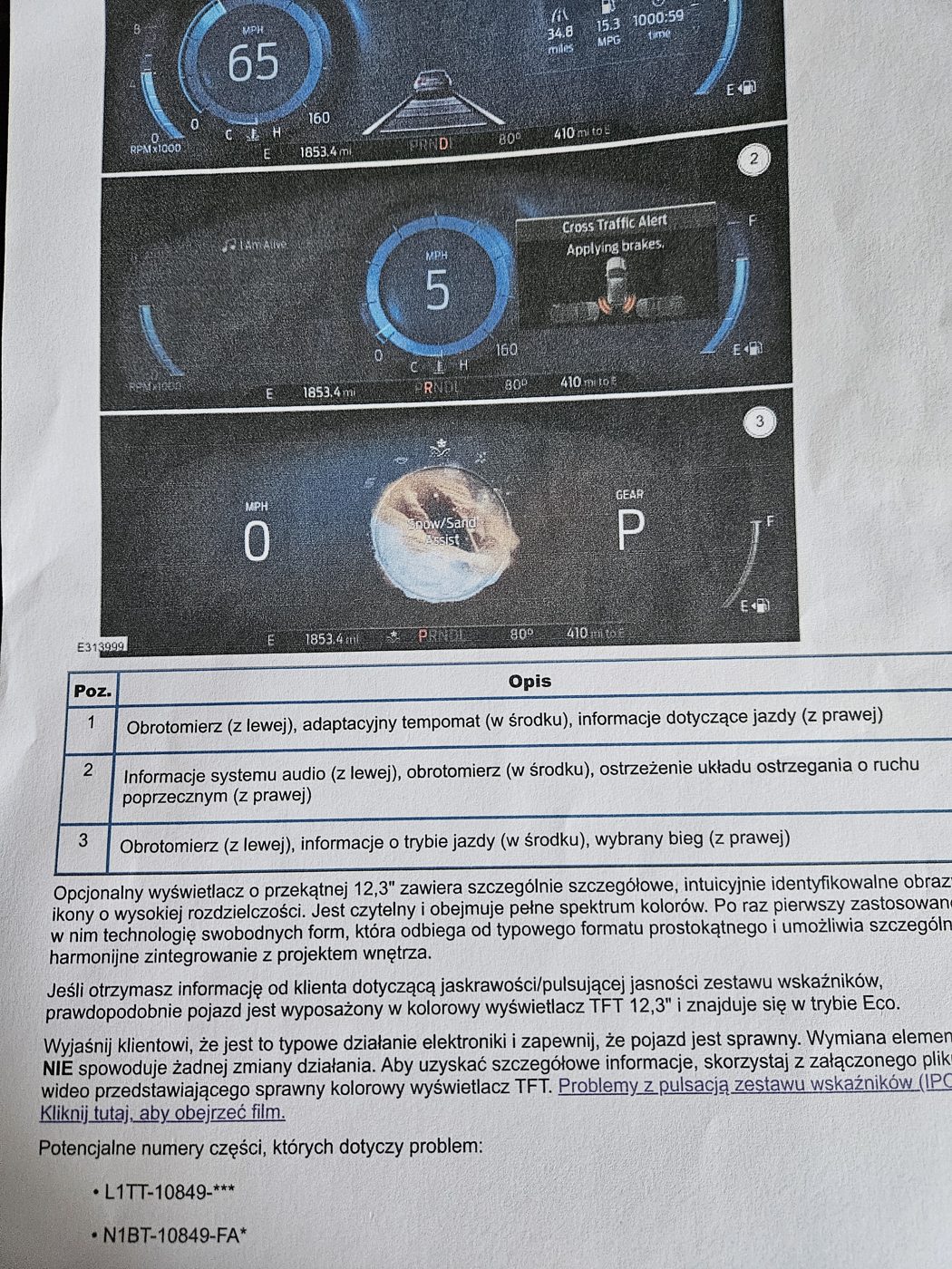 Kopia instrukcji serwisowej o pulsującej jasności zestawu wskaźników, z zaleceniem, by wyjaśnić klientowi, że to typowe działanie elektroniki