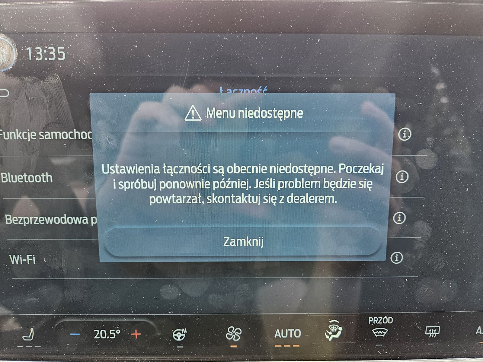 Komunikat Menu niedostępne: ustawienia łączności są obecnie niedostępne